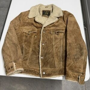 Vintage Suede cowhide Leather Sherpa Lined Trucker Jacket Tan Mens 42